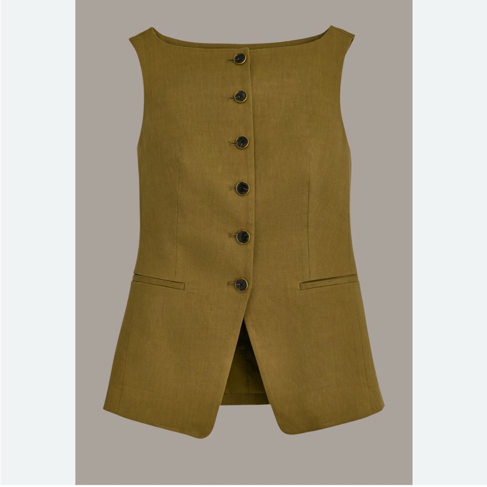 Donna Karan Women Linen Blend Vest Color Smoky Olive Medium Boat Neck Button NWT - Picture 10 of 14